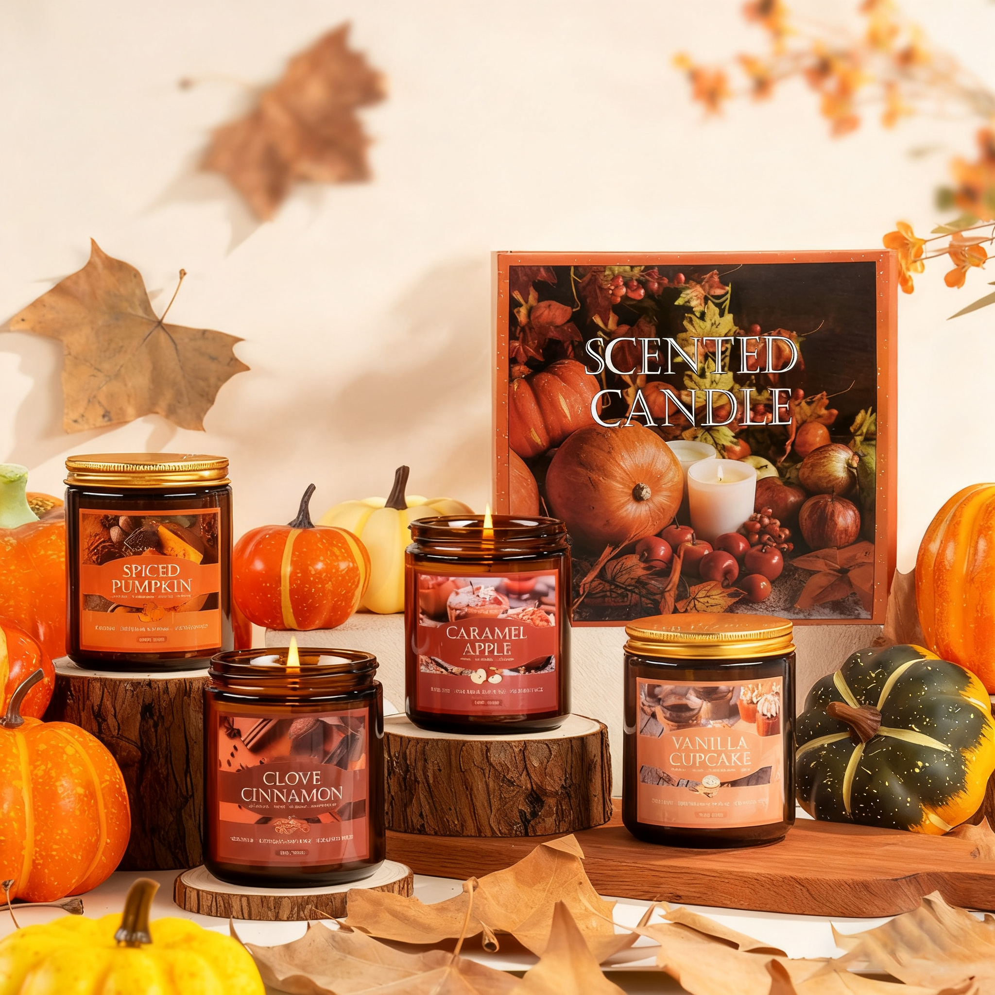 Wholesale 4-Pack Autumn Scented Soy Wax Candle Gift Set Pumpkin Spice, Caramel & Cinnamon Fragrance Candles for Cozy