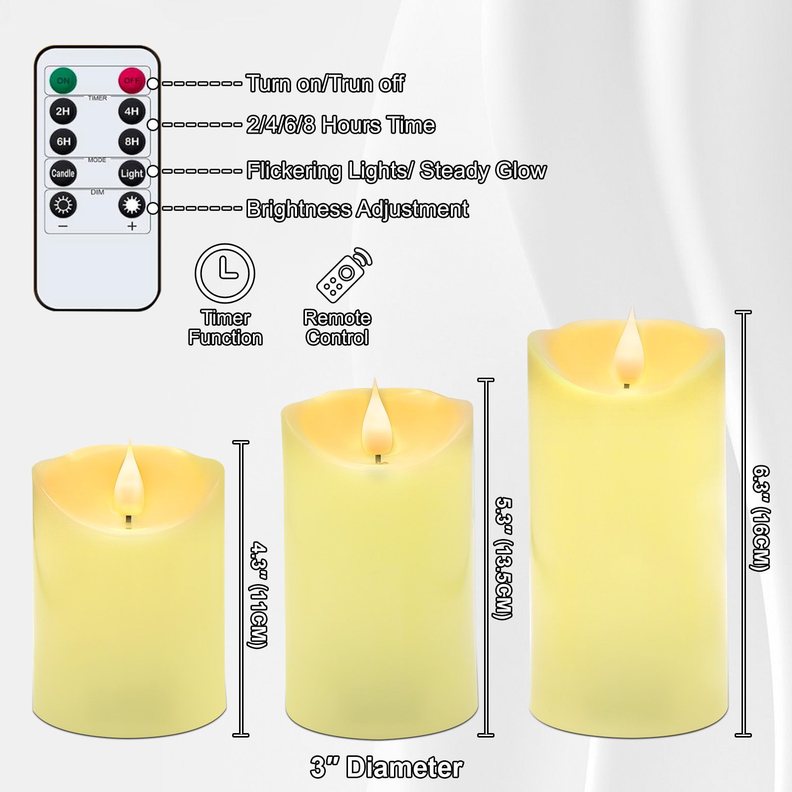 Wholesale 3 Packs 3D Light Heads Flashing LED Flameless Candles – Battery Operated Cylindrical Candles with Remote Cont